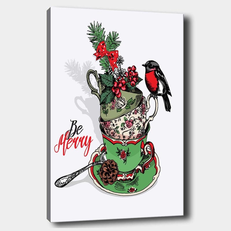 Lærred 70x100 cm - Stak af dekorerede tekopper udsmykket med juleelementer og en fugl, Grøn / Rød / Sort
