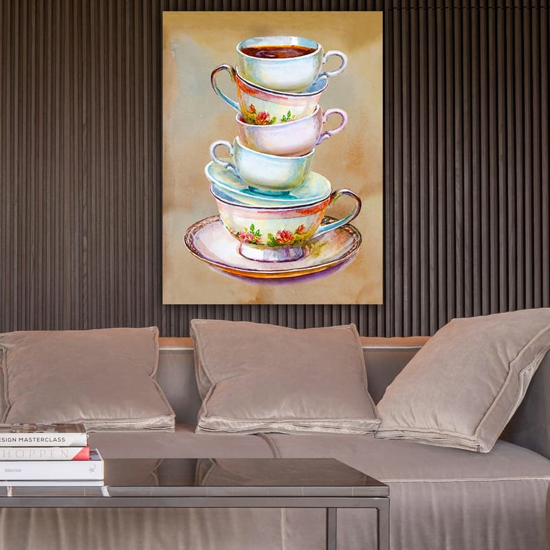 Lærred 70x100 cm - Stak af farverige tekopper med en skål i bunden - Blå / Lyserød / Beige - Boligtilbehør - Billeder & kunst - Billeder på lærred