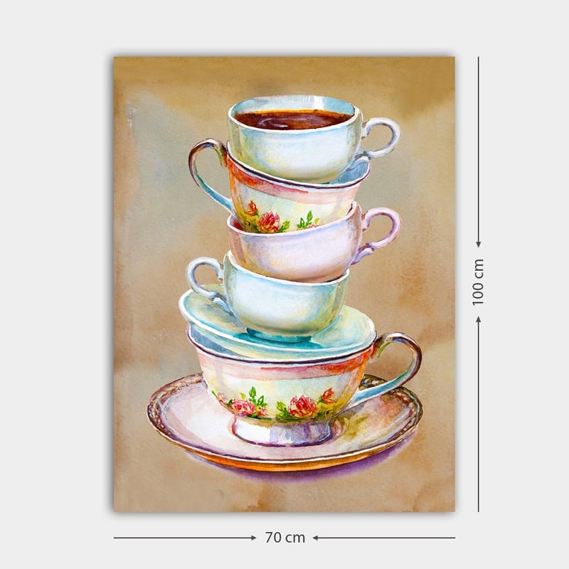 Lærred 70x100 cm - Stak af farverige tekopper med en skål i bunden - Blå / Lyserød / Beige - Boligtilbehør - Billeder & kunst - Billeder på lærred