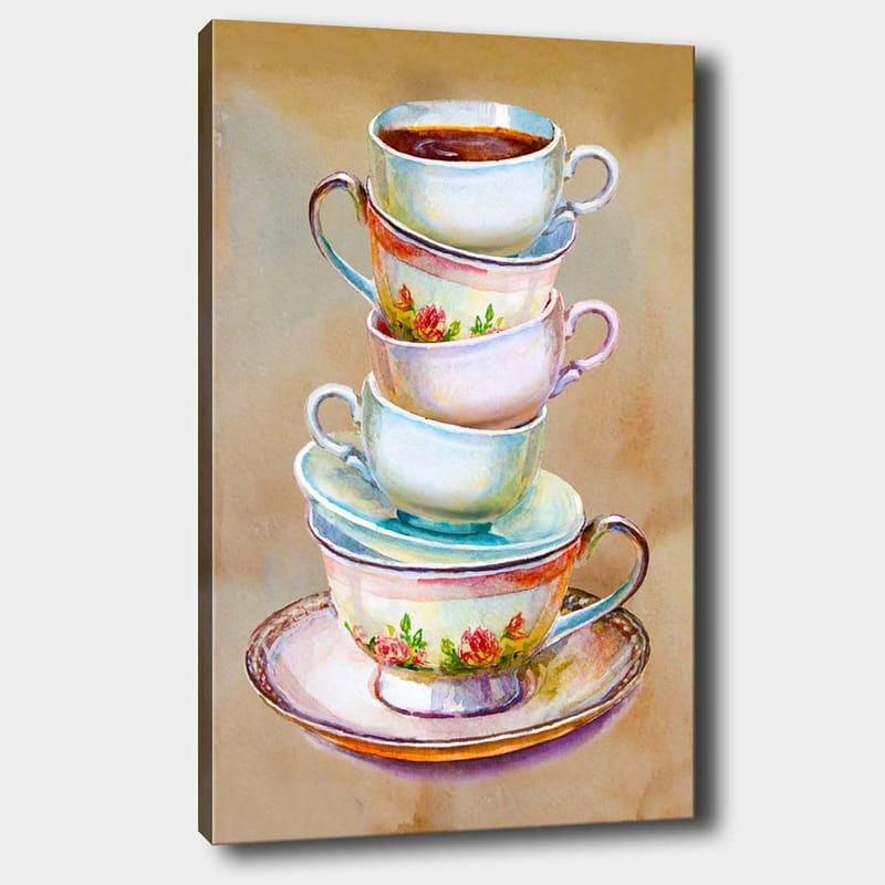 Lærred 70x100 cm - Stak af farverige tekopper med en skål i bunden, Blå / Lyserød / Beige