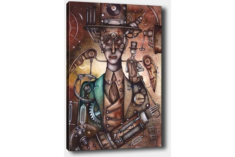 Lærred 70x100 cm - Steampunk-inspireret figur med mekaniske detaljer og en hat - Kobber / Grøn / Beige - Boligtilbehør - Billeder & kunst - Billeder på lærred
