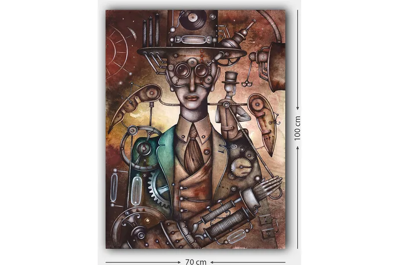Lærred 70x100 cm - Steampunk-inspireret figur med mekaniske detaljer og en hat - Kobber / Grøn / Beige - Boligtilbehør - Billeder & kunst - Billeder på lærred