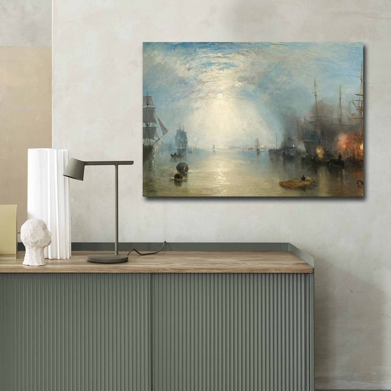 Lærred 70x100 cm - Stemningsfuld havnescene med sejlbåde og skibe under en dramatisk himmel - Blå / Grå / Beige - Boligtilbehør - Billeder & kunst - Billeder på lærred