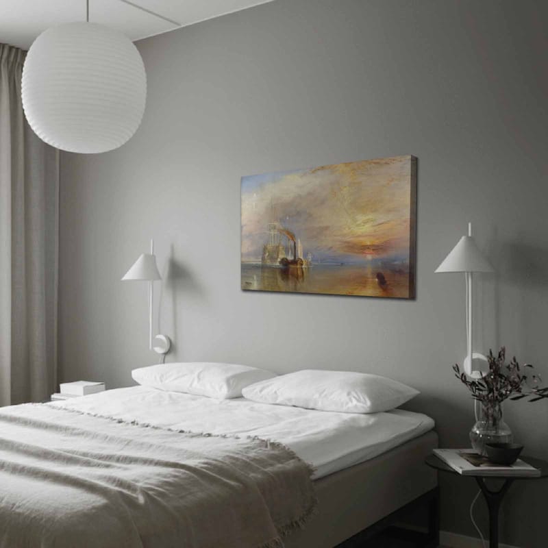 Lærred 70x100 cm - Stemningsfuld søscene med dampbåde, der sejler under en farverig himmel, Blå / Orange / Grå