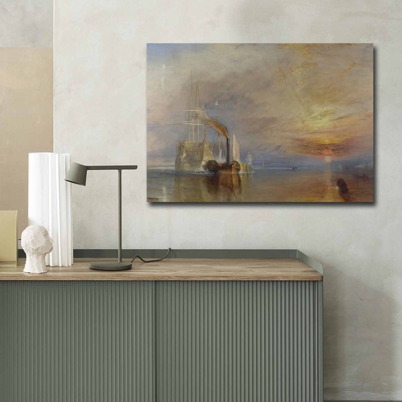 Lærred 70x100 cm - Stemningsfuld søscene med dampbåde, der sejler under en farverig himmel - Blå / Orange / Grå - Boligtilbehør - Billeder & kunst - Billeder på lærred