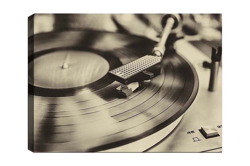 Lærred 70x100 cm - Stilfuldt billede af en pladespiller med en roterende vinylplade - Sort / Grå - Boligtilbehør - Billeder & kunst - Billeder på lærred