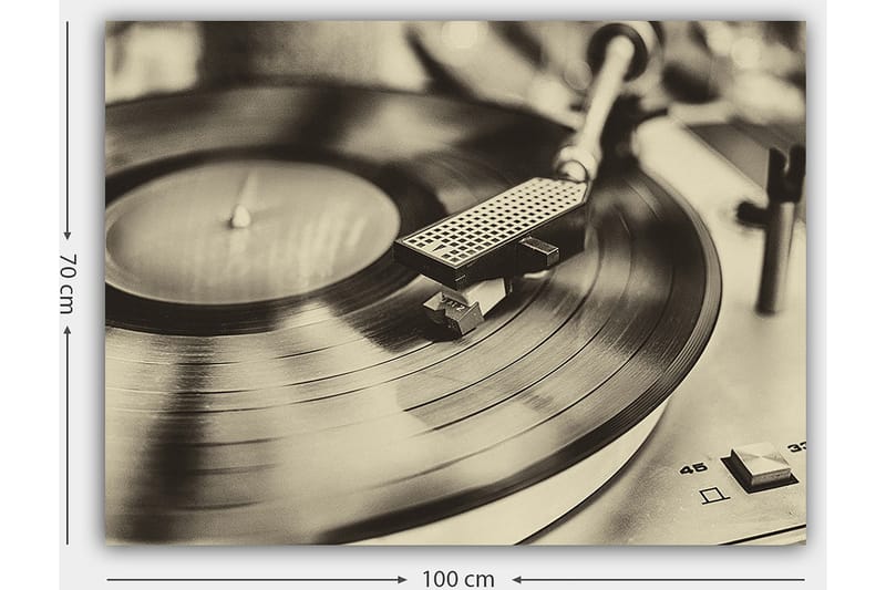 Lærred 70x100 cm - Stilfuldt billede af en pladespiller med en roterende vinylplade - Sort / Grå - Boligtilbehør - Billeder & kunst - Billeder på lærred