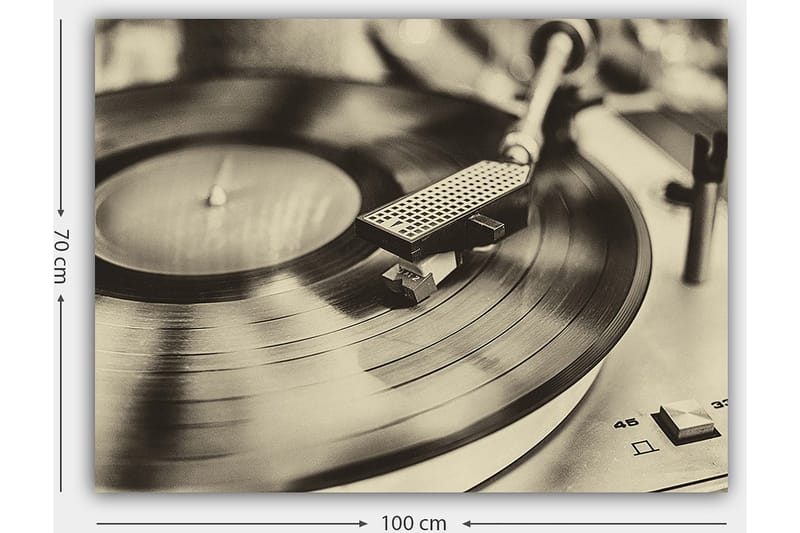 Lærred 70x100 cm - Stilfuldt billede af en pladespiller med en roterende vinylplade - Sort / Grå - Boligtilbehør - Billeder & kunst - Billeder på lærred