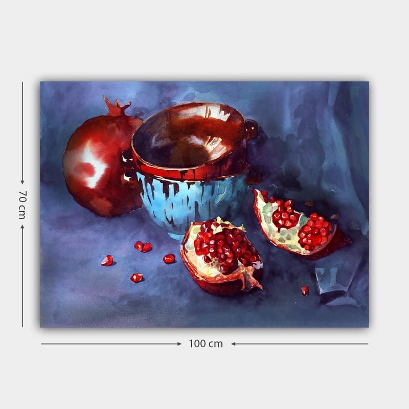 Lærred 70x100 cm - Stilhed med granatæbler og en blå skål - Rød / Blå / Brun - Boligtilbehør - Billeder & kunst - Billeder på lærred