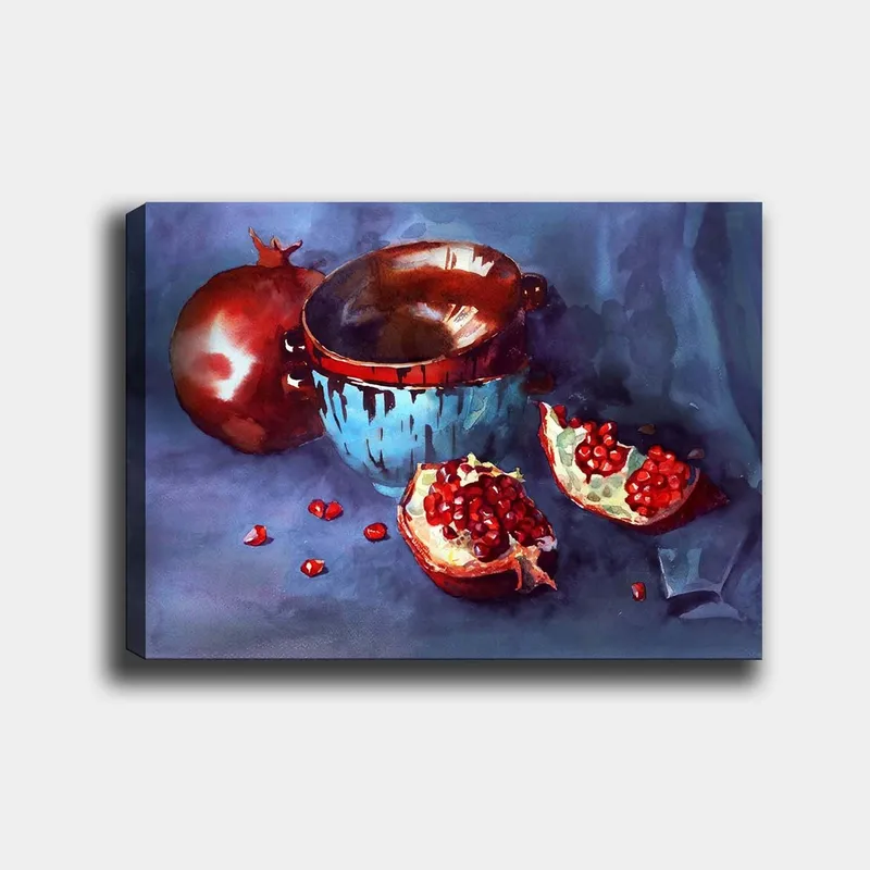 Lærred 70x100 cm - Stilhed med granatæbler og en blå skål, Rød / Blå / Brun
