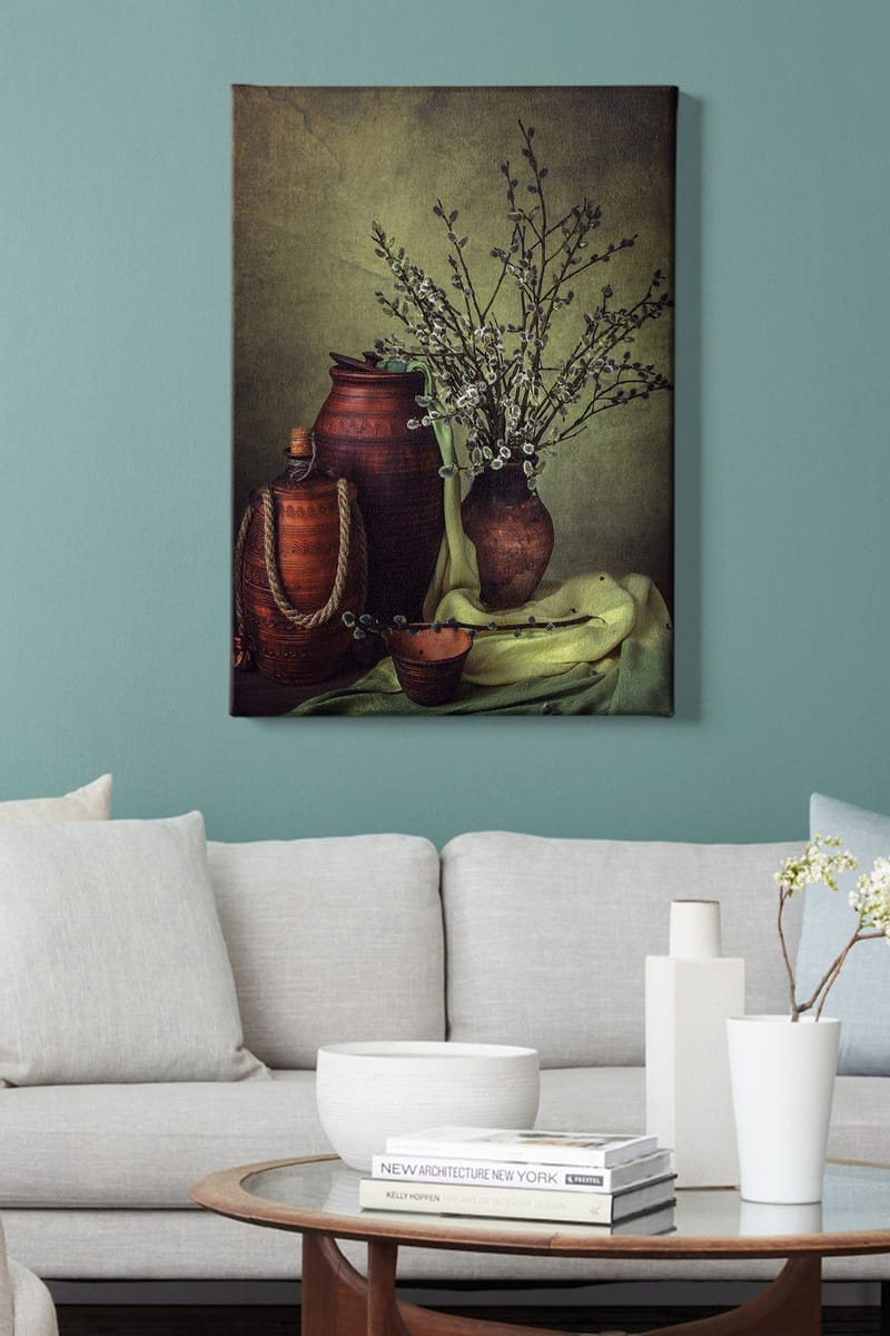 Lærred 70x100 cm - Stilhed med keramik og grene i en harmonisk komposition - Mørkebrun / Lysegrøn / Olivengrøn - Boligtilbehør - Billeder & kunst - Billeder på lærred