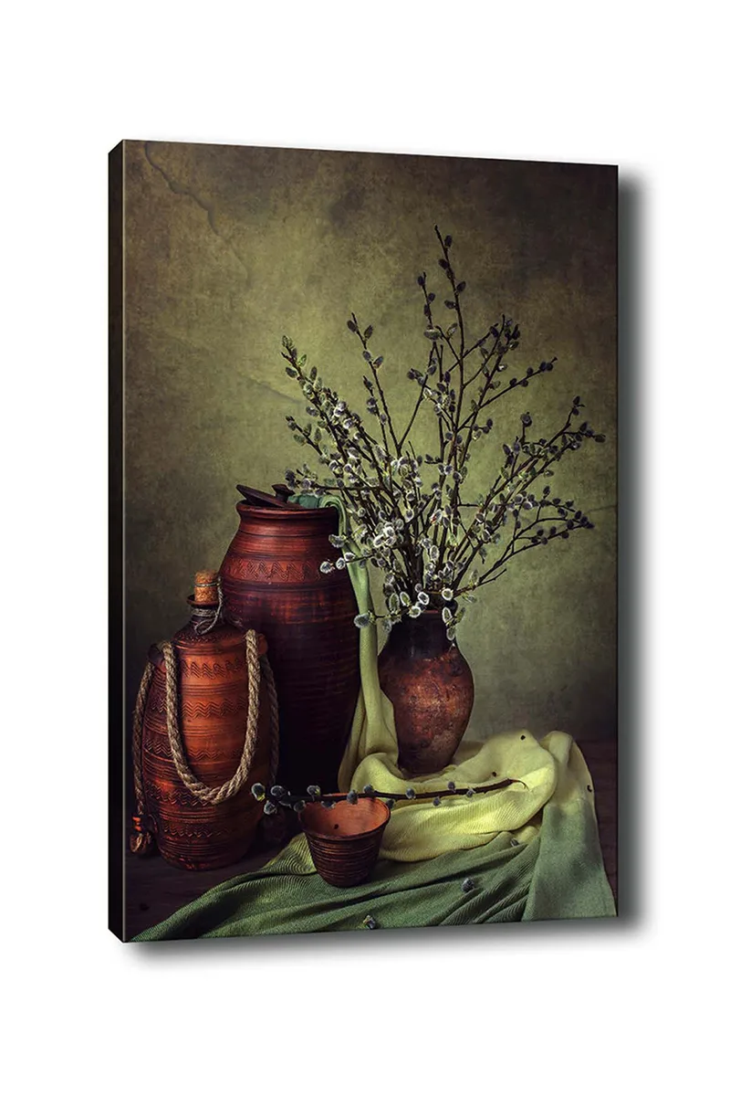 Lærred 70x100 cm - Stilhed med keramik og grene i en harmonisk komposition, Mørkebrun / Lysegrøn / Olivengrøn