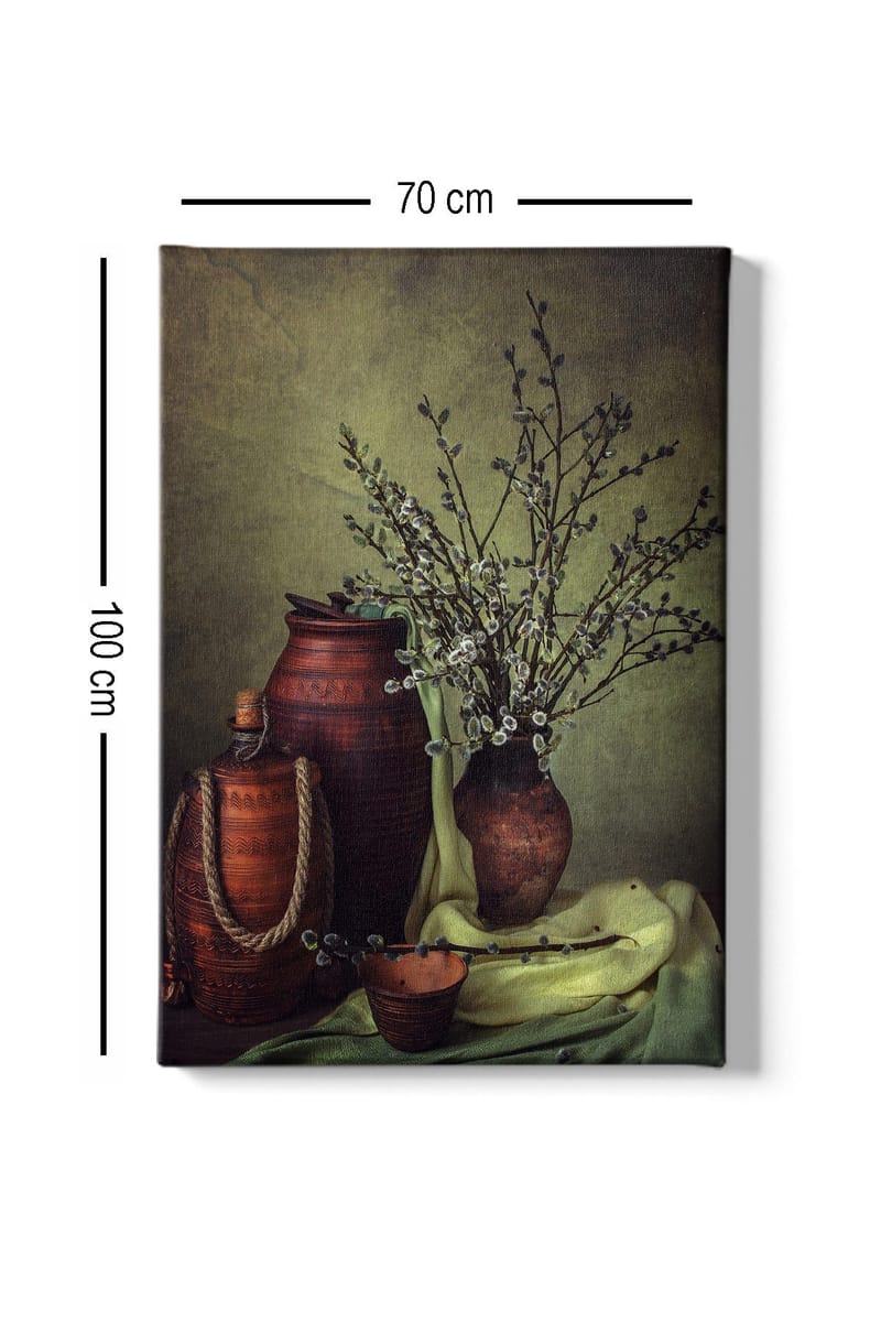 Lærred 70x100 cm - Stilhed med keramik og grene i en harmonisk komposition - Mørkebrun / Lysegrøn / Olivengrøn - Boligtilbehør - Billeder & kunst - Billeder på lærred