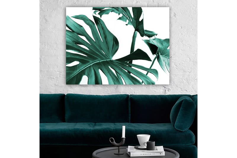 Lærred 70x100 cm - Stiliserede grønne palmeblade mod en hvid baggrund - Mørkegrøn / Turkis - Boligtilbehør - Billeder & kunst - Billeder på lærred