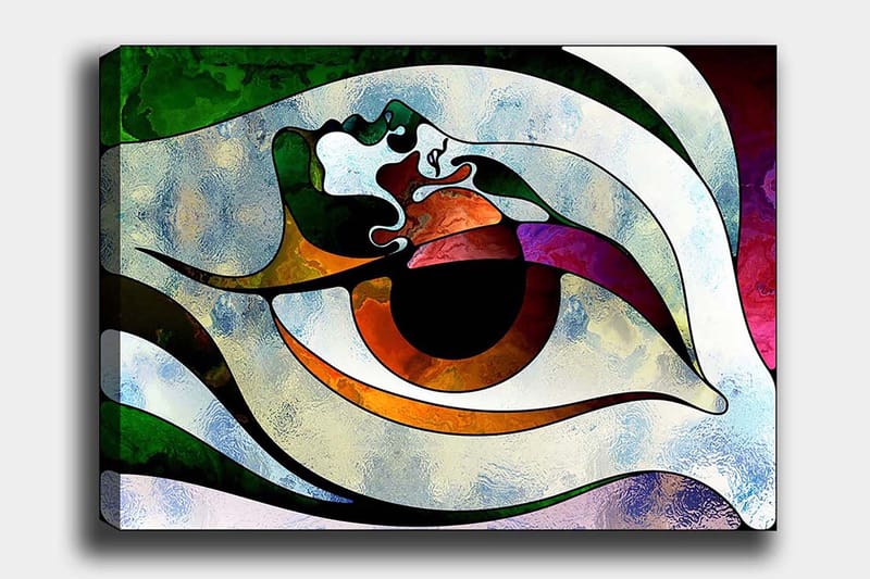 Lærred 70x100 cm - Stiliseret øjeform med farverige elementer, der skaber en hypnotisk effekt, Grøn / Brun / Hvid