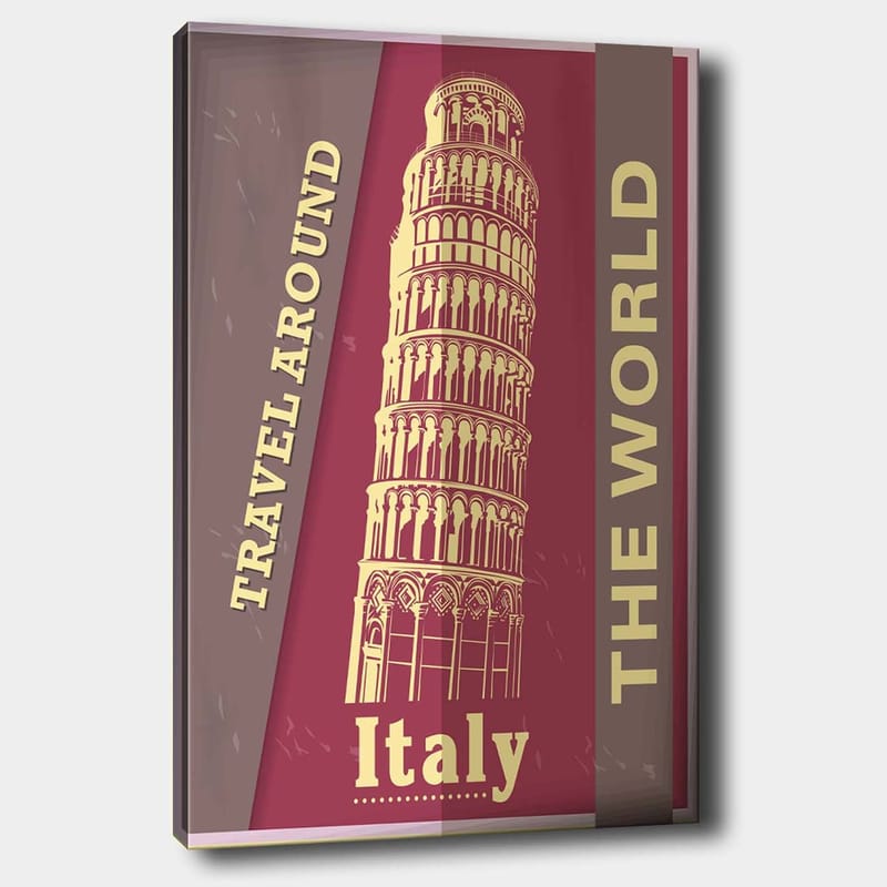 Lærred 70x100 cm - Stiliseret afbildning af Det Skæve Tårn i Pisa, omgivet af tekst, der opfordrer til rejser, Mørkerød / Beige
