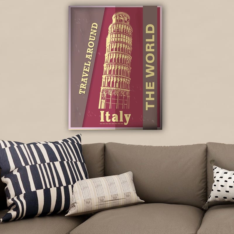 Lærred 70x100 cm - Stiliseret afbildning af Det Skæve Tårn i Pisa, omgivet af tekst, der opfordrer til rejser - Mørkerød / Beige - Boligtilbehør - Billeder & kunst - Billeder på lærred