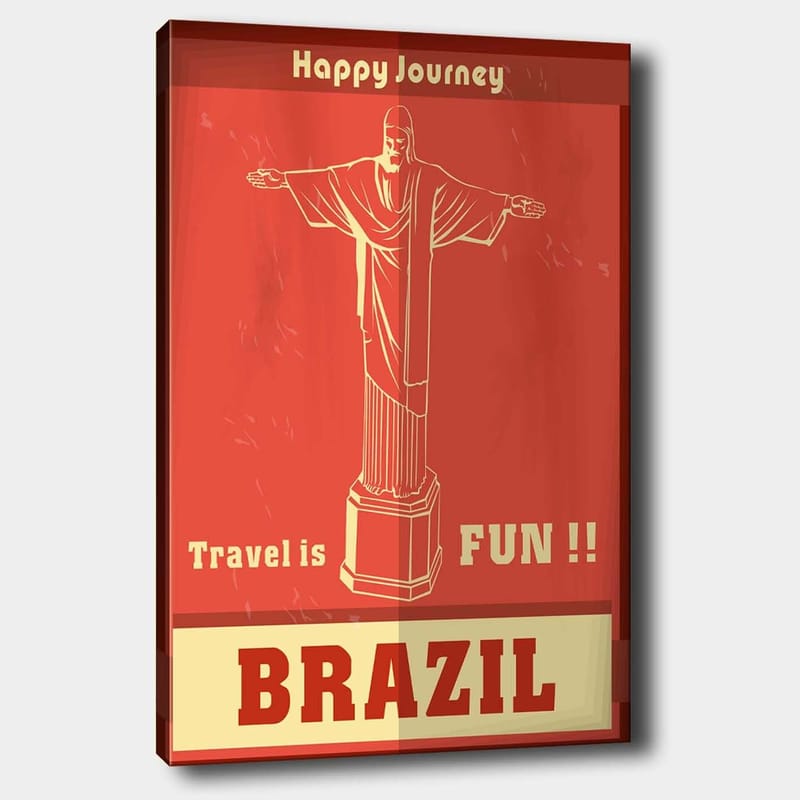 Lærred 70x100 cm - Stiliseret afbildning af Kristusstatuen i Rio de Janeiro med en glad rejsebesked, Rød / Beige