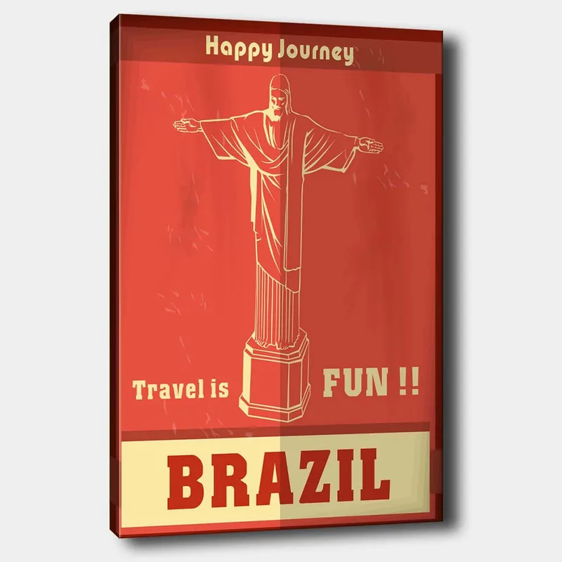 Lærred 70x100 cm - Stiliseret afbildning af Kristusstatuen i Rio de Janeiro med en glad rejsebesked, Rød / Beige