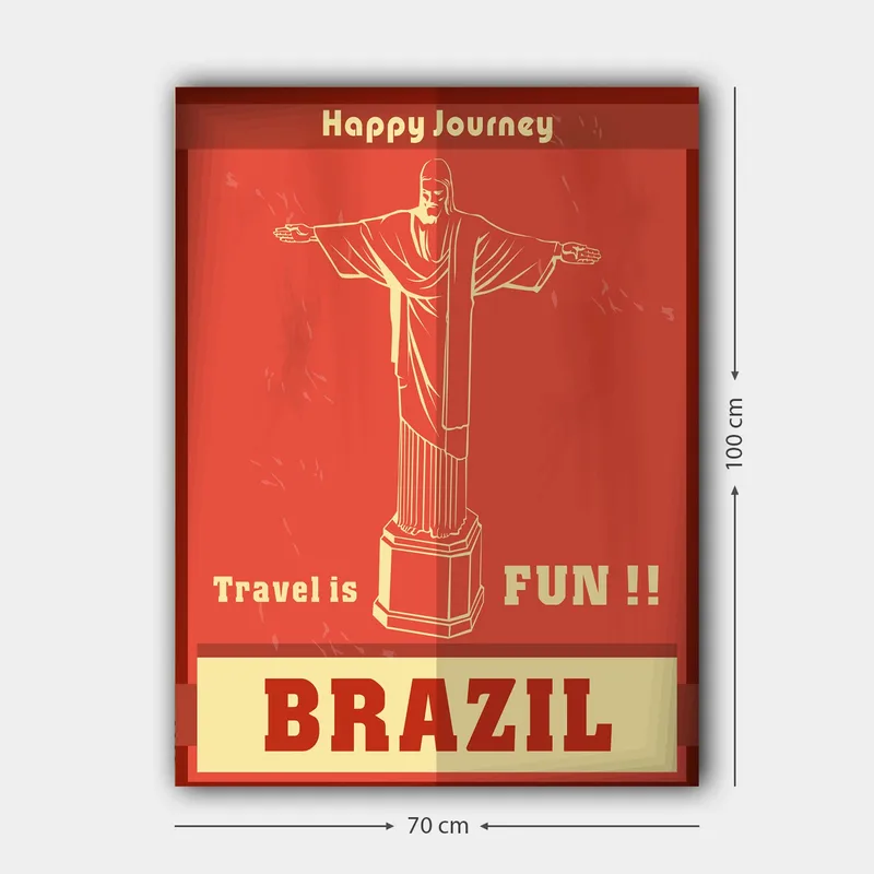 Lærred 70x100 cm - Stiliseret afbildning af Kristusstatuen i Rio de Janeiro med en glad rejsebesked - Rød / Beige - Boligtilbehør - Billeder & kunst - Billeder på lærred