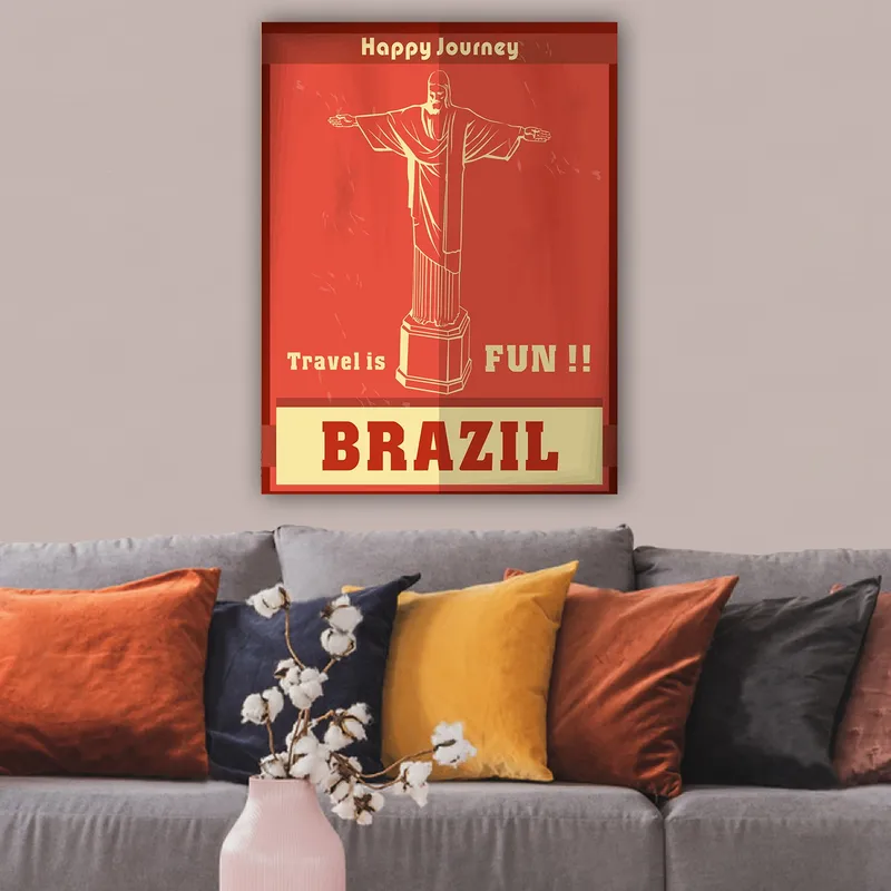 Lærred 70x100 cm - Stiliseret afbildning af Kristusstatuen i Rio de Janeiro med en glad rejsebesked - Rød / Beige - Boligtilbehør - Billeder & kunst - Billeder på lærred