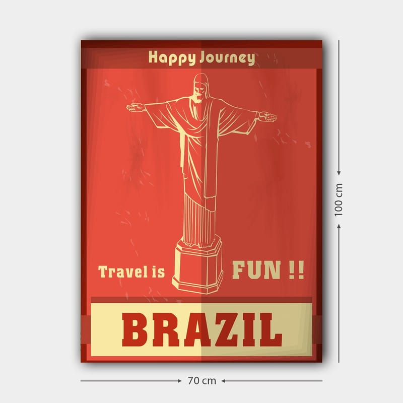 Lærred 70x100 cm - Stiliseret afbildning af Kristusstatuen i Rio de Janeiro med en glad rejsebesked - Rød / Beige - Boligtilbehør - Billeder & kunst - Billeder på lærred