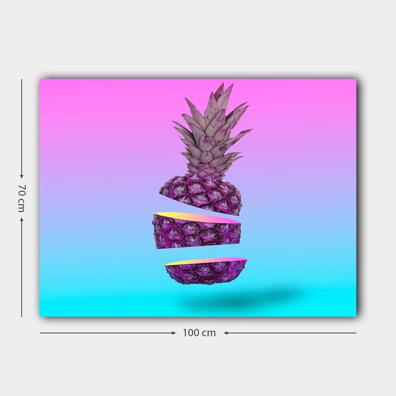 Lærred 70x100 cm - Stiliseret ananas skåret i tre dele med en farverig baggrund - Lilla / Gul / Turkis - Boligtilbehør - Billeder & kunst - Billeder på lærred