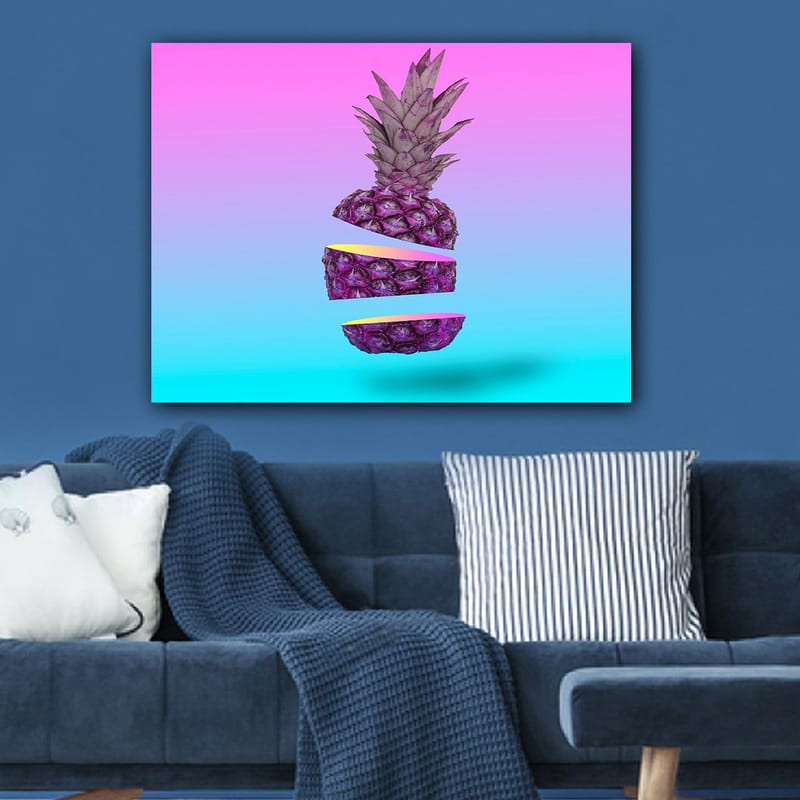 Lærred 70x100 cm - Stiliseret ananas skåret i tre dele med en farverig baggrund - Lilla / Gul / Turkis - Boligtilbehør - Billeder & kunst - Billeder på lærred