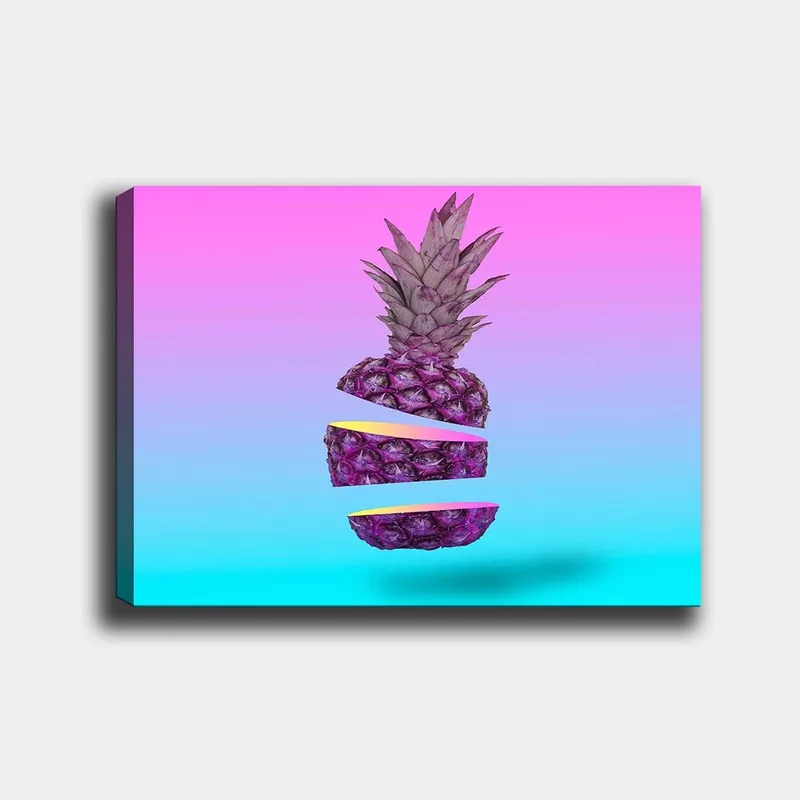 Lærred 70x100 cm - Stiliseret ananas skåret i tre dele med en farverig baggrund, Lilla / Gul / Turkis