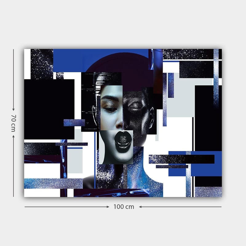Lærred 70x100 cm - Stiliseret ansigtsbillede med geometriske former og kontrasterende farver, der skaber en moderne og futuristisk følelse - Mørkeblå / Sort / Hvid - Boligtilbehør - Billeder & kunst - Billeder på lærred