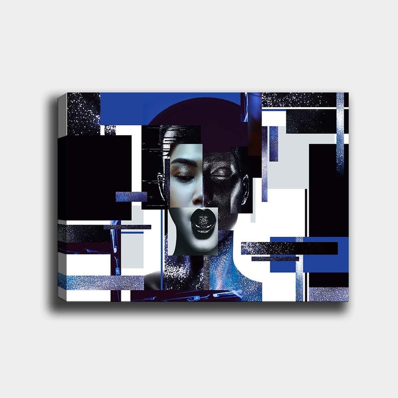 Lærred 70x100 cm - Stiliseret ansigtsbillede med geometriske former og kontrasterende farver, der skaber en moderne og futuristisk følelse, Mørkeblå / Sort / Hvid