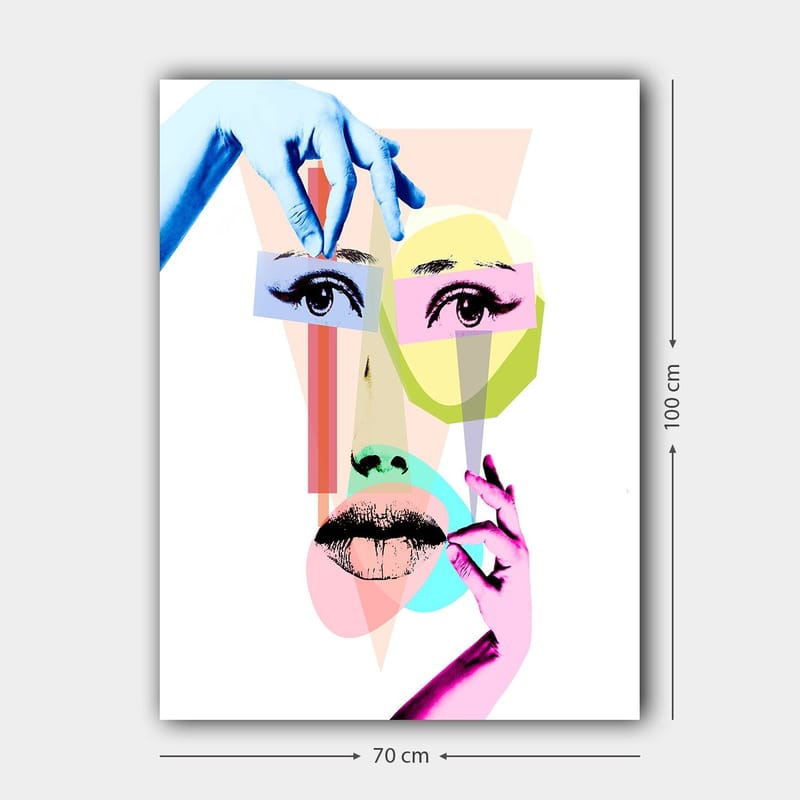 Lærred 70x100 cm - Stiliseret ansigtskomposition med geometriske former og hænder, der interagerer med ansigtet - Blå / Lyserød / Grøn - Boligtilbehør - Billeder & kunst - Billeder på lærred