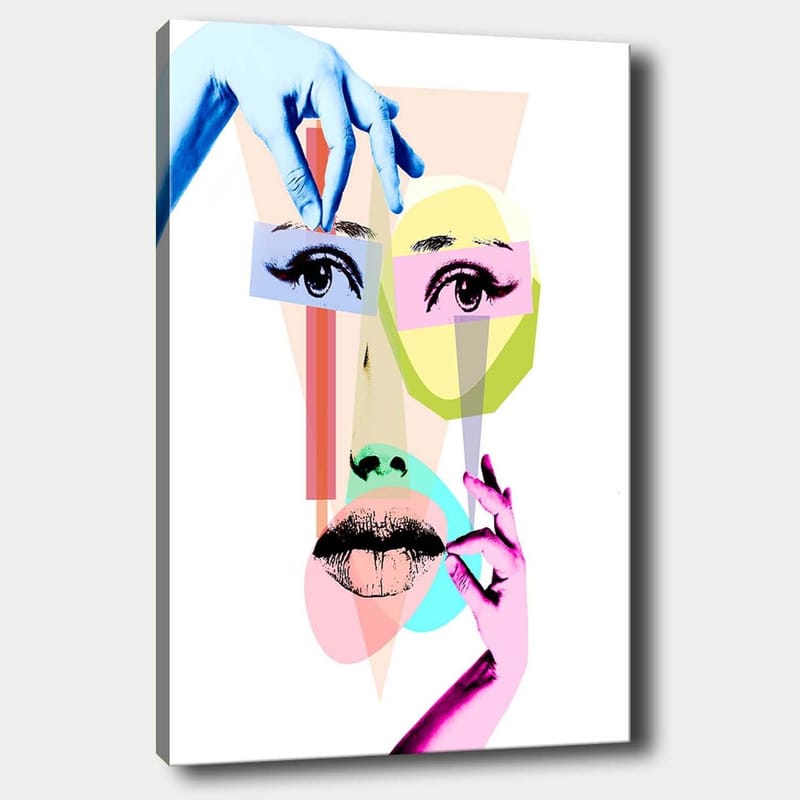 Lærred 70x100 cm - Stiliseret ansigtskomposition med geometriske former og hænder, der interagerer med ansigtet, Blå / Lyserød / Grøn