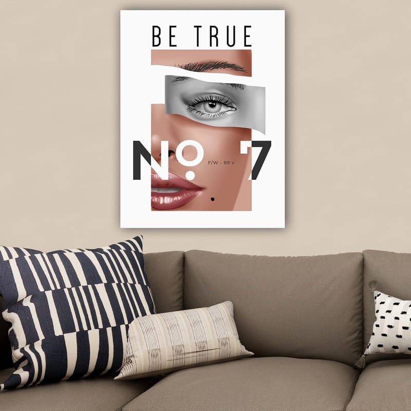 Lærred 70x100 cm - Stiliseret ansigtsportræt med fokus på øjne og læber - Beige / Grå / Sort - Boligtilbehør - Billeder & kunst - Billeder på lærred