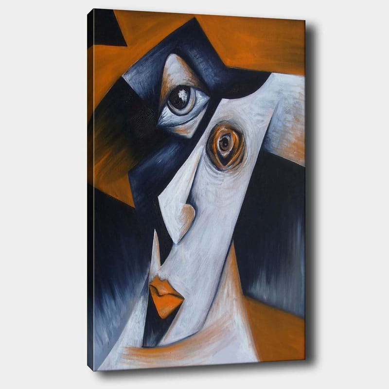 Lærred 70x100 cm - Stiliseret ansigtsportræt med kontrasterende former og udtryk, Sort / Hvid / Orange