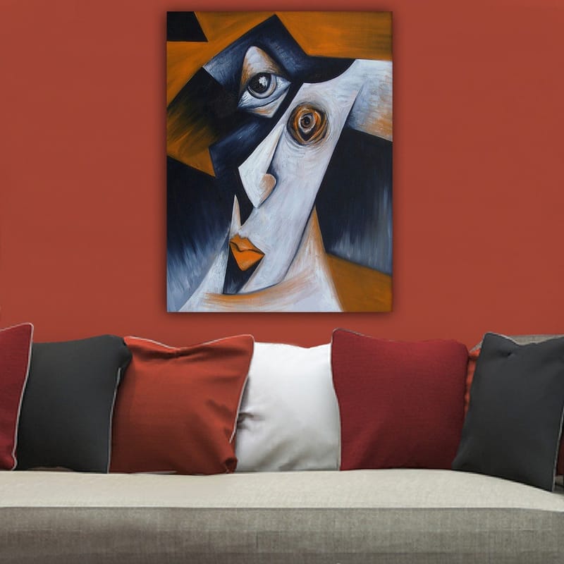 Lærred 70x100 cm - Stiliseret ansigtsportræt med kontrasterende former og udtryk - Sort / Hvid / Orange - Boligtilbehør - Billeder & kunst - Billeder på lærred