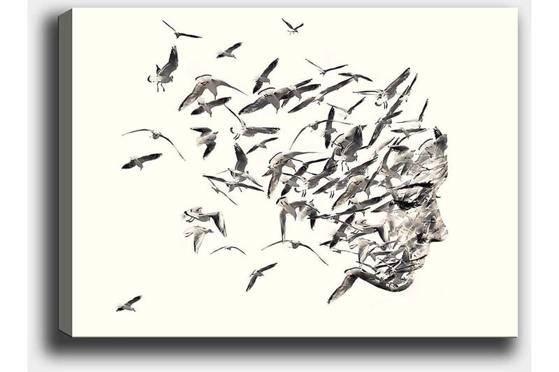 Lærred 70x100 cm - Stiliseret ansigtsprofil, der smelter sammen med flyvende fugle - Grå / Sort / Beige - Boligtilbehør - Billeder & kunst - Billeder på lærred