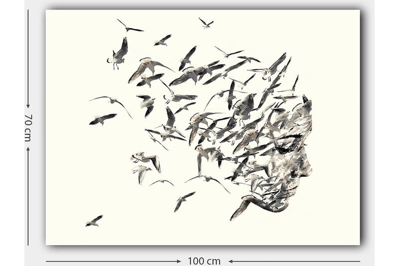 Lærred 70x100 cm - Stiliseret ansigtsprofil, der smelter sammen med flyvende fugle - Grå / Sort / Beige - Boligtilbehør - Billeder & kunst - Billeder på lærred