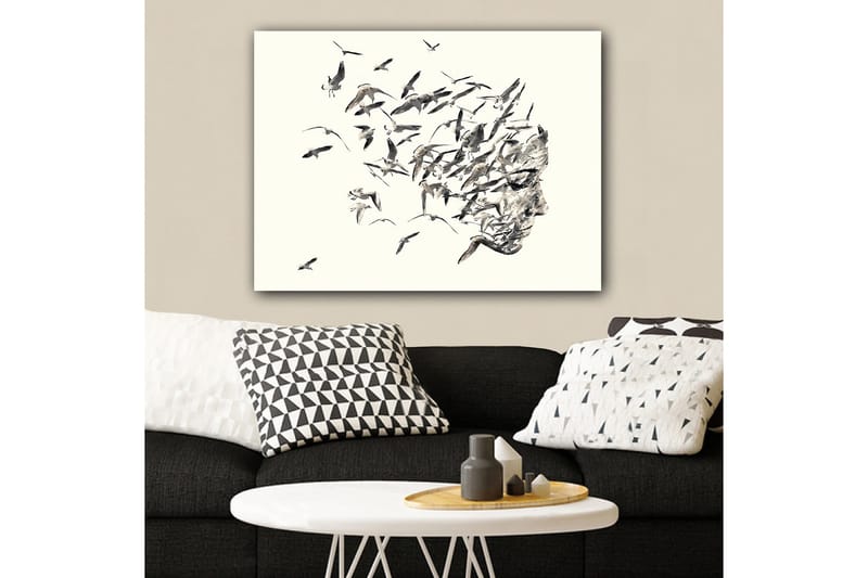 Lærred 70x100 cm - Stiliseret ansigtsprofil, der smelter sammen med flyvende fugle, Grå / Sort / Beige