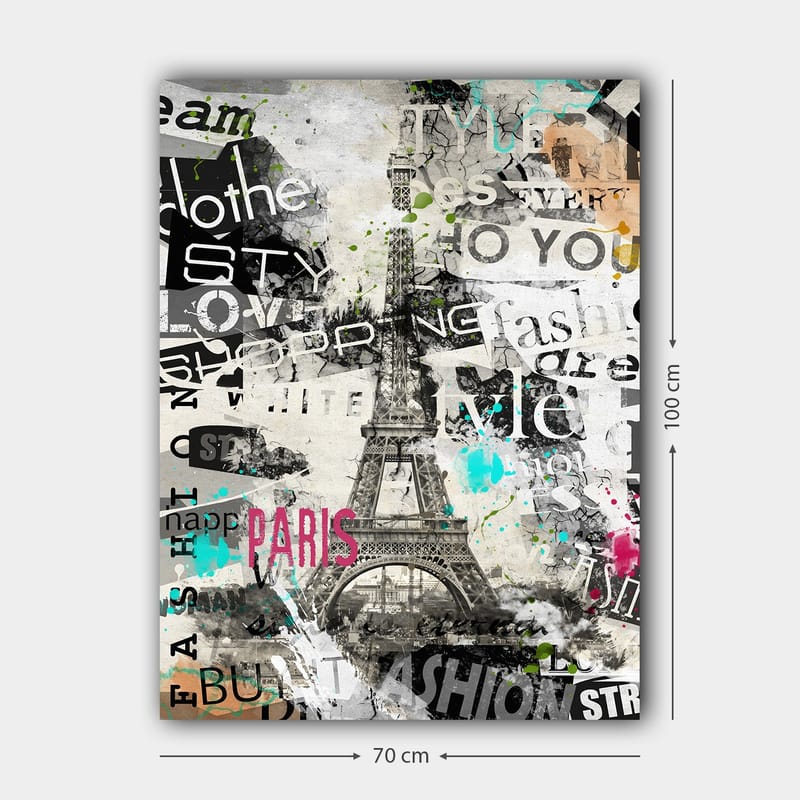 Lærred 70x100 cm - Stiliseret billede af Eiffeltårnet omgivet af modeord og farverige detaljer - Sort / Pink / Turkis - Boligtilbehør - Billeder & kunst - Billeder på lærred
