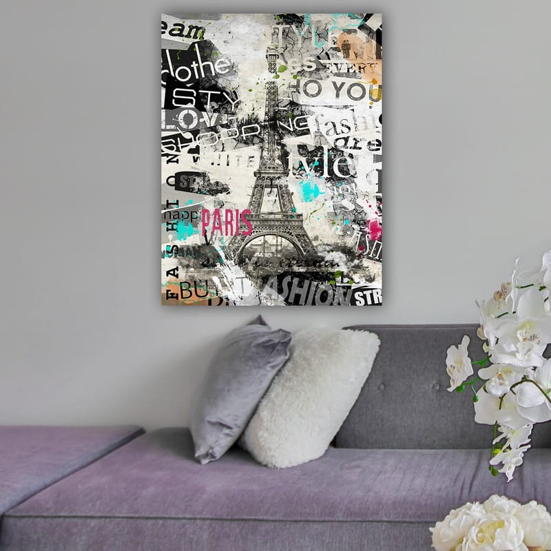 Lærred 70x100 cm - Stiliseret billede af Eiffeltårnet omgivet af modeord og farverige detaljer, Sort / Pink / Turkis
