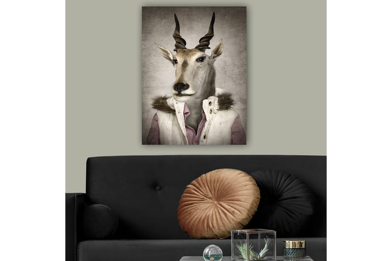 Lærred 70x100 cm - Stiliseret billede af en antilope klædt i en moderne jakke med krave, Beige / Hvid / Grå
