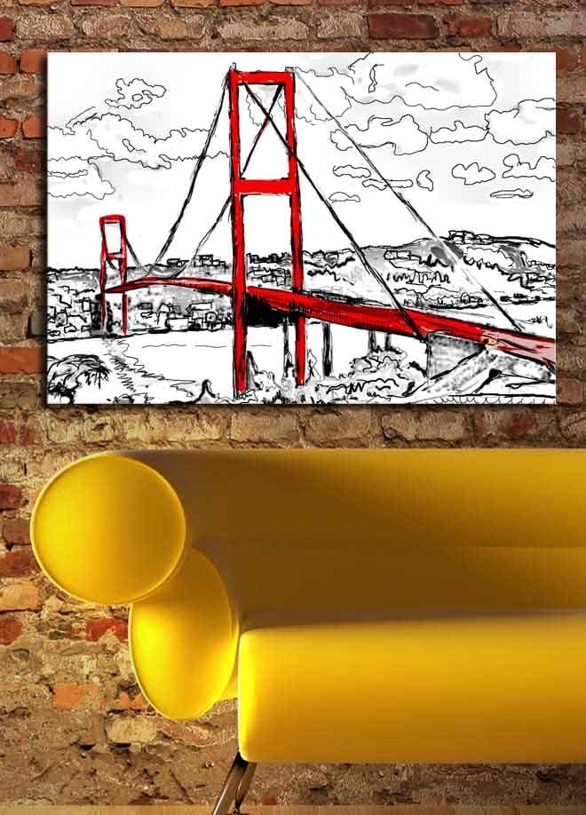 Lærred 70x100 cm - Stiliseret billede af en rød hængebro med omgivende landskab i sort-hvid - Rød / Sort - Boligtilbehør - Billeder & kunst - Billeder på lærred