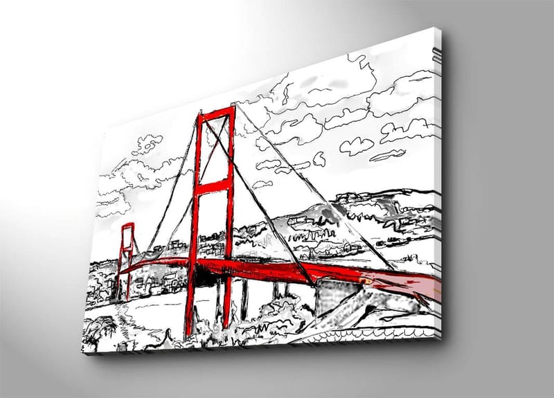 Lærred 70x100 cm - Stiliseret billede af en rød hængebro med omgivende landskab i sort-hvid, Rød / Sort
