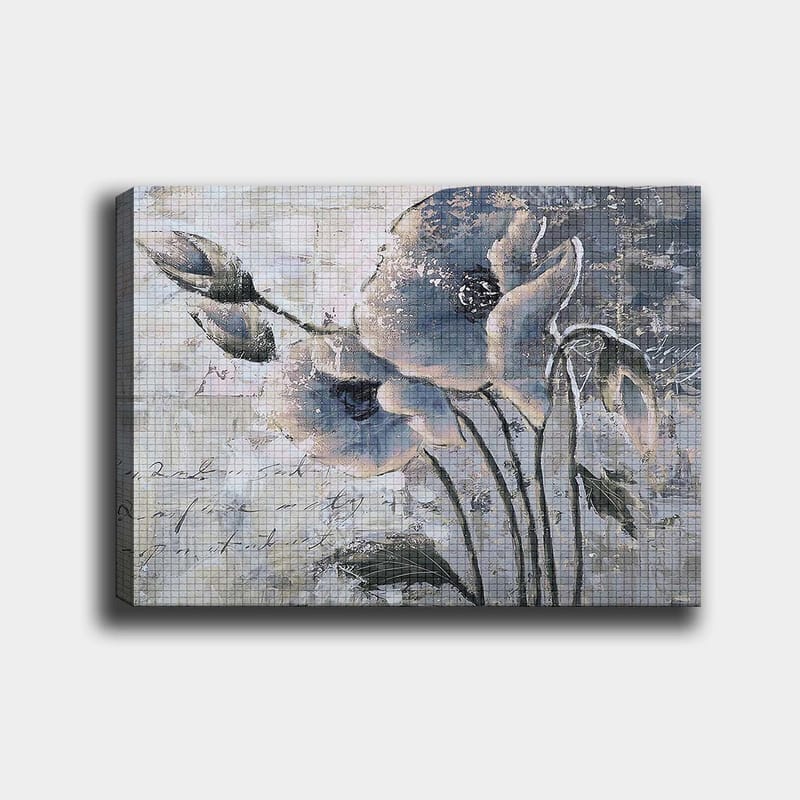 Lærred 70x100 cm - Stiliseret blomst i dæmpede blå og grå toner, Blå / Grå