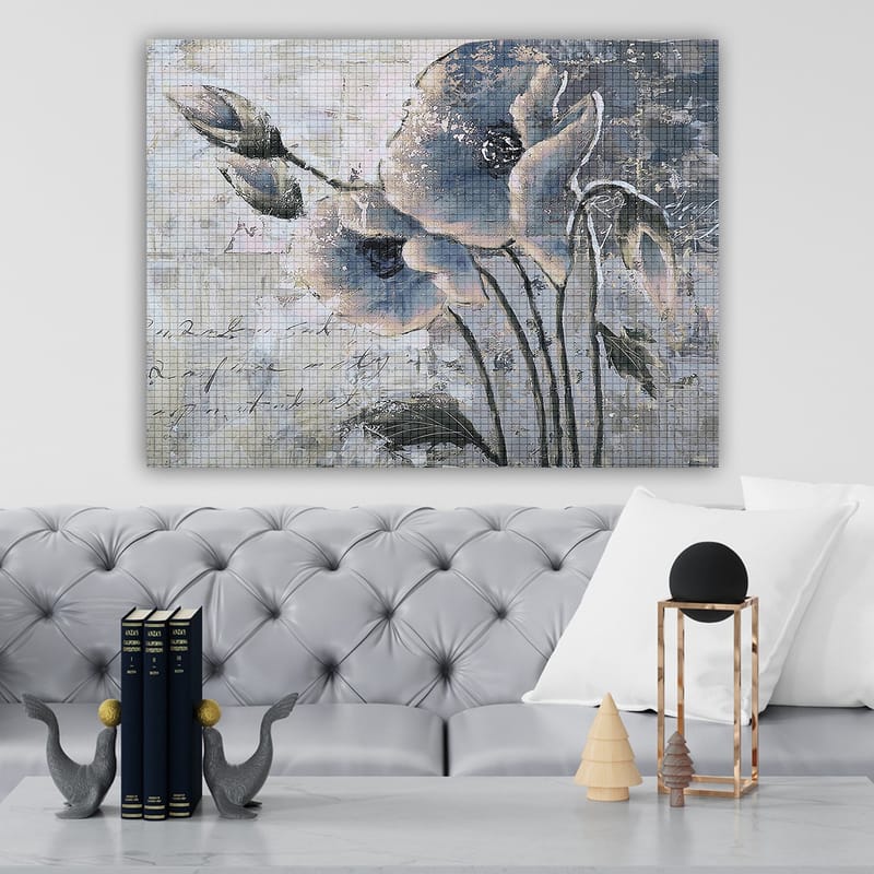 Lærred 70x100 cm - Stiliseret blomst i dæmpede blå og grå toner - Blå / Grå - Boligtilbehør - Billeder & kunst - Billeder på lærred