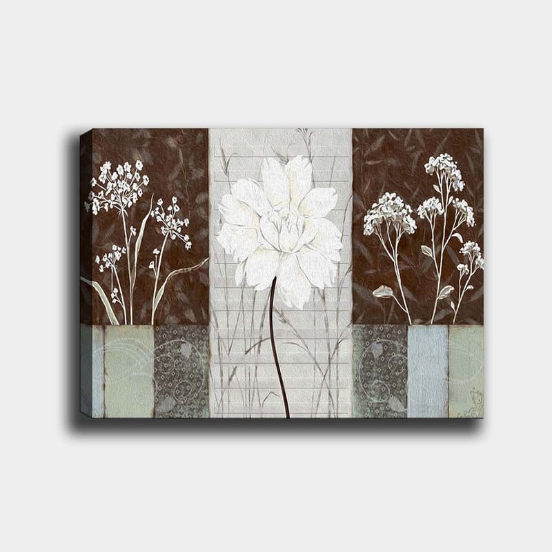 Lærred 70x100 cm - Stiliseret blomst i hvid omgivet af brune og grå nuancer, Hvid / Brun / Grå