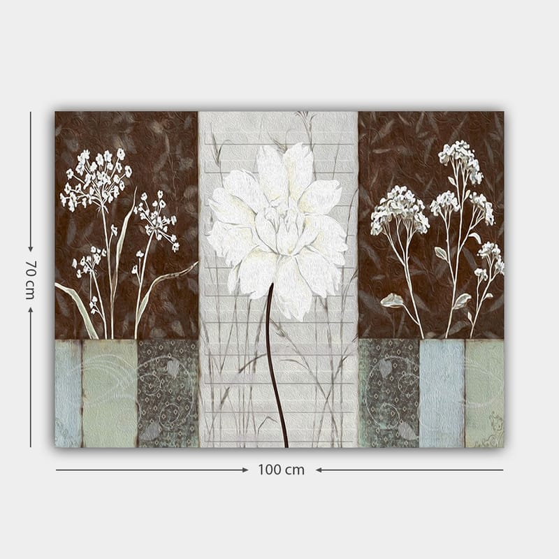 Lærred 70x100 cm - Stiliseret blomst i hvid omgivet af brune og grå nuancer - Hvid / Brun / Grå - Boligtilbehør - Billeder & kunst - Billeder på lærred