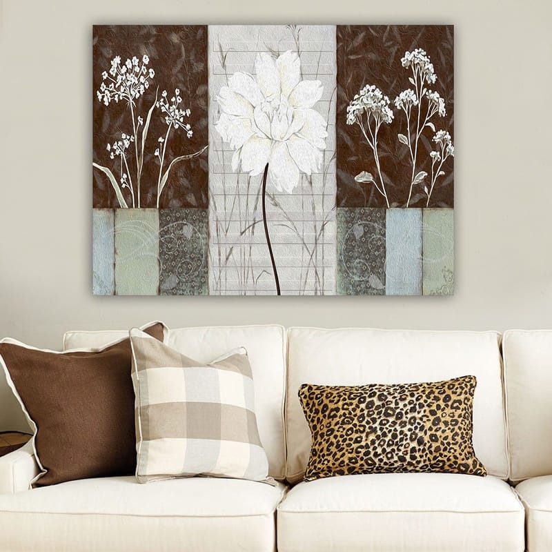 Lærred 70x100 cm - Stiliseret blomst i hvid omgivet af brune og grå nuancer - Hvid / Brun / Grå - Boligtilbehør - Billeder & kunst - Billeder på lærred