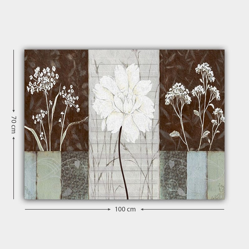 Lærred 70x100 cm - Stiliseret blomst i hvid omgivet af brune og grå nuancer - Hvid / Brun / Grå - Boligtilbehør - Billeder & kunst - Billeder på lærred